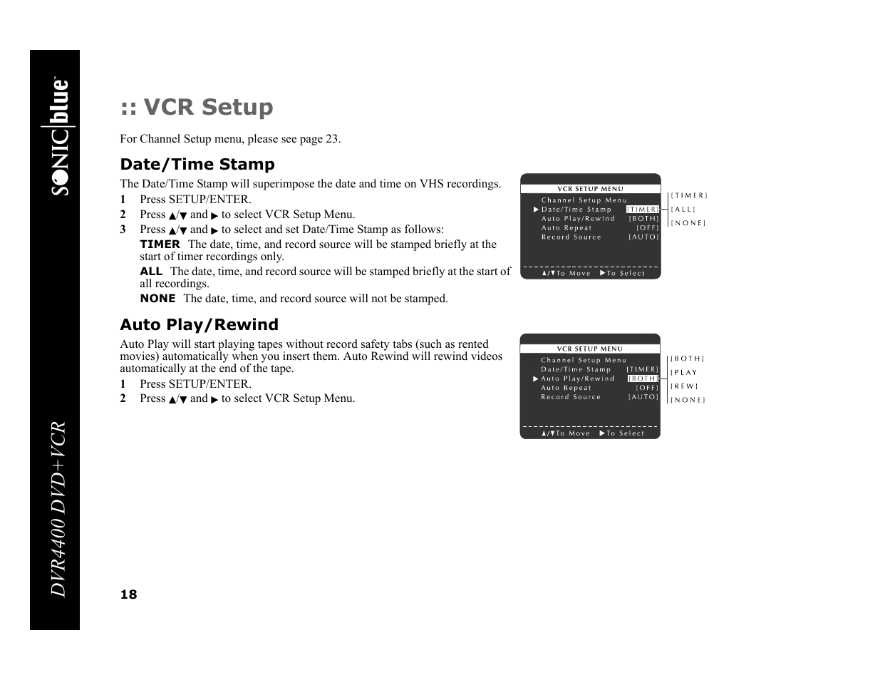 Vcr setup, Dvr4400 dvd+vcr, Date/time stamp | Auto play/rewind | Sonic Blue DVR4400 User Manual | Page 24 / 68