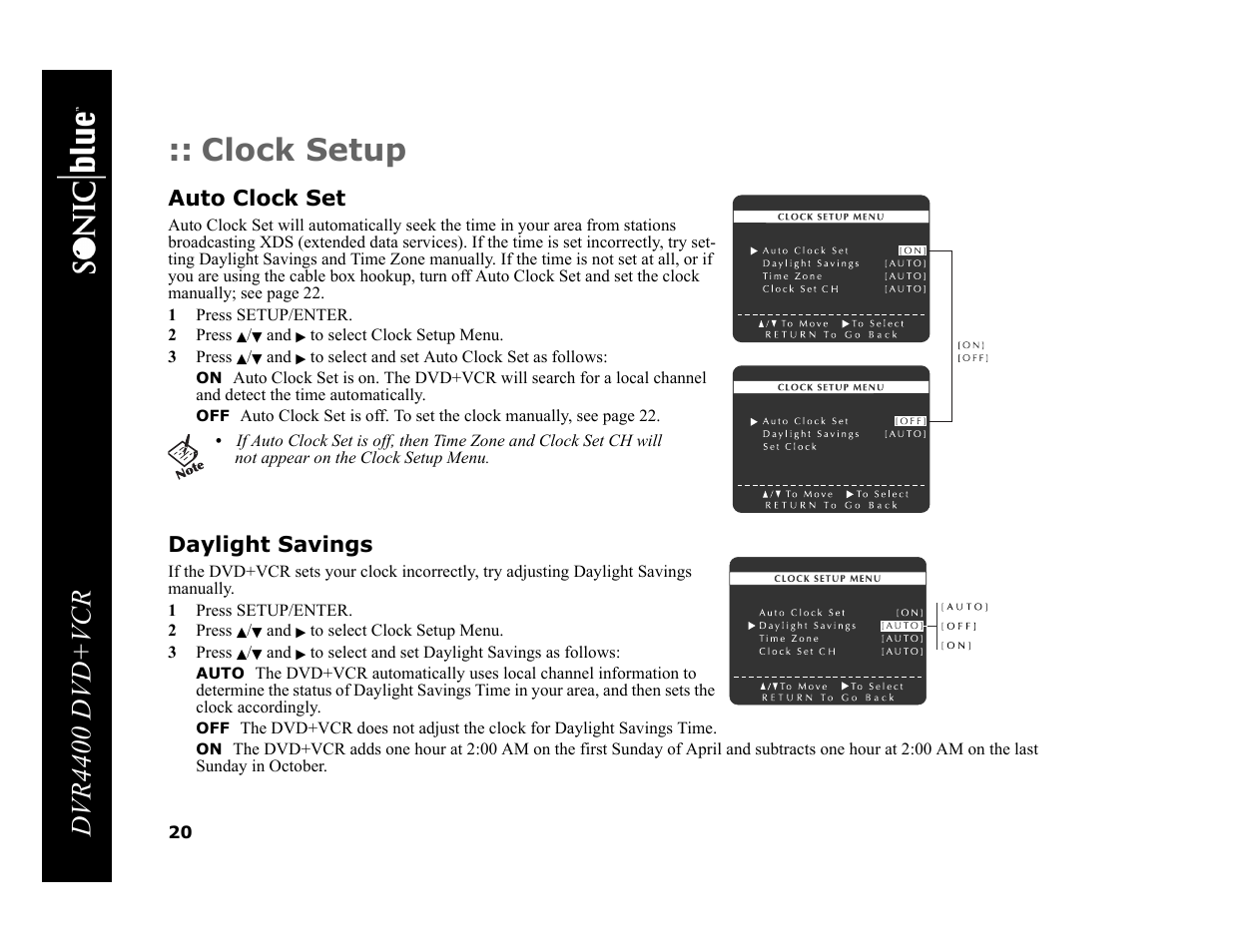 Clock setup, Dvr4400 dvd+vcr, Auto clock set | Daylight savings | Sonic Blue DVR4400 User Manual | Page 26 / 68