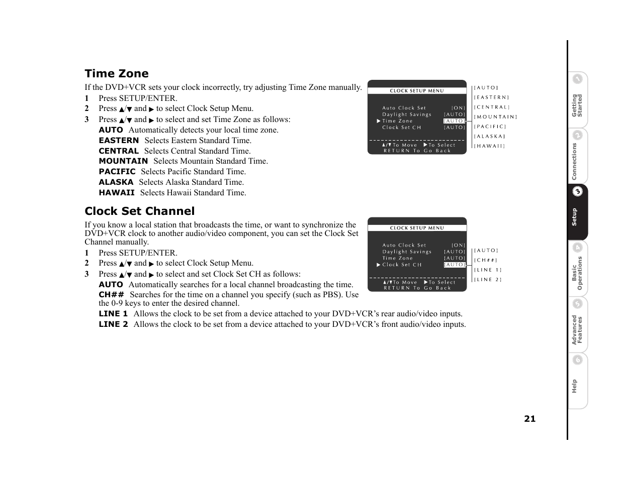 Time zone, Clock set channel | Sonic Blue DVR4400 User Manual | Page 27 / 68