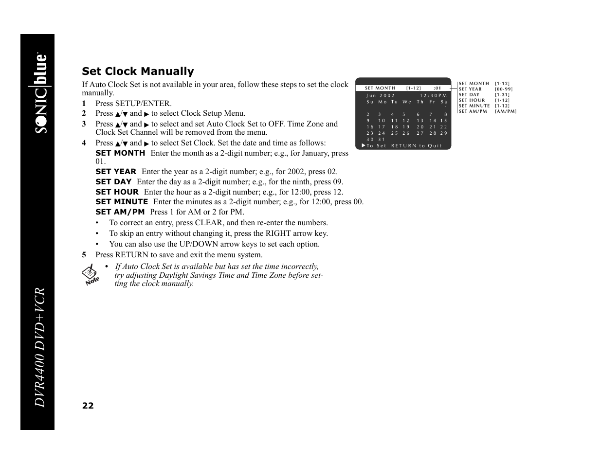 Dvr4400 dvd+vcr, Set clock manually | Sonic Blue DVR4400 User Manual | Page 28 / 68