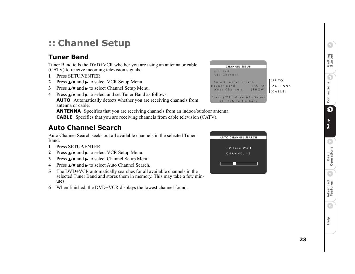 Channel setup, Tuner band, Auto channel search | Sonic Blue DVR4400 User Manual | Page 29 / 68