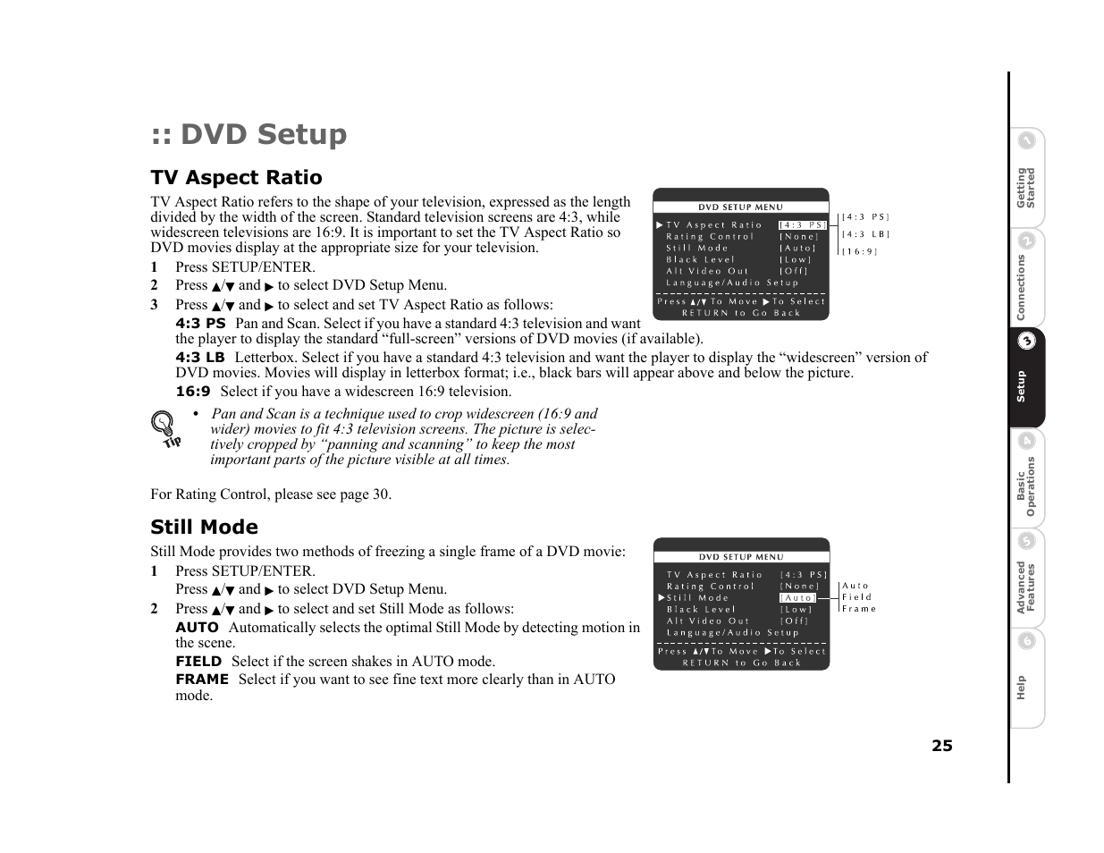 Dvd setup, Tv aspect ratio, Still mode | Sonic Blue DVR4400 User Manual | Page 31 / 68