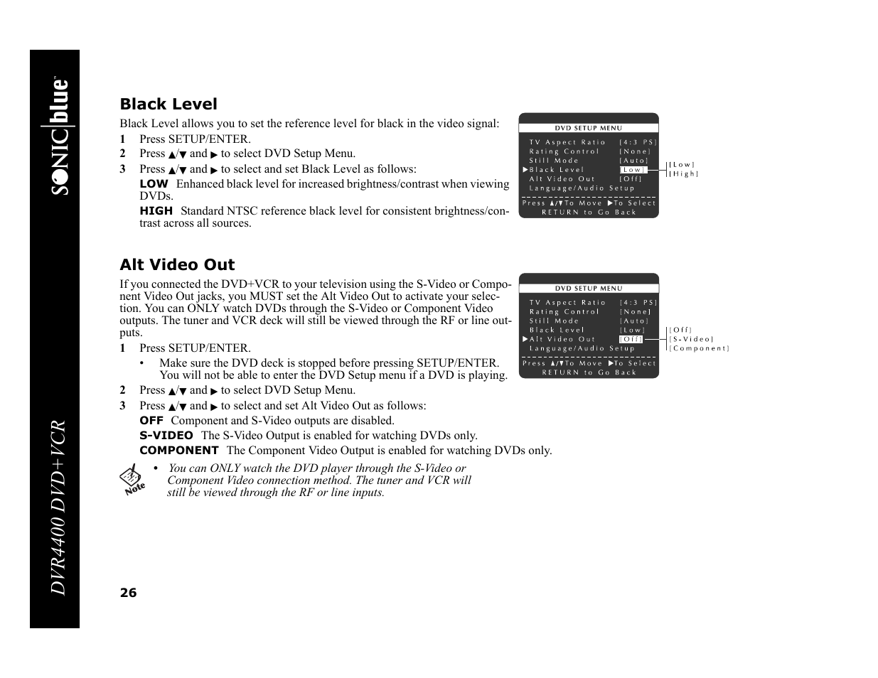 Dvr4400 dvd+vcr, Black level, Alt video out | Sonic Blue DVR4400 User Manual | Page 32 / 68