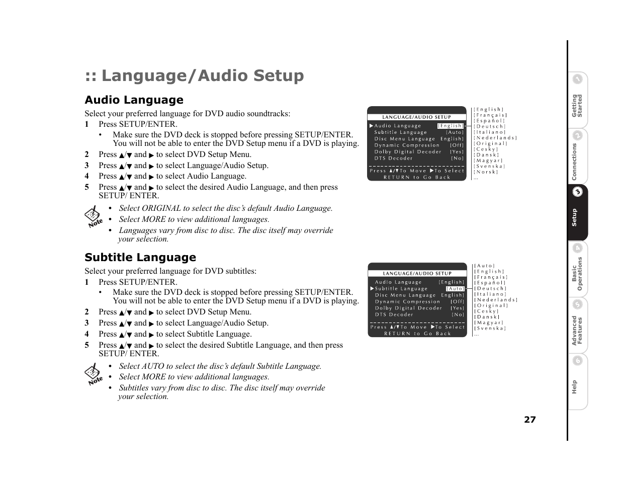 Language/audio setup, Audio language, Subtitle language | Sonic Blue DVR4400 User Manual | Page 33 / 68