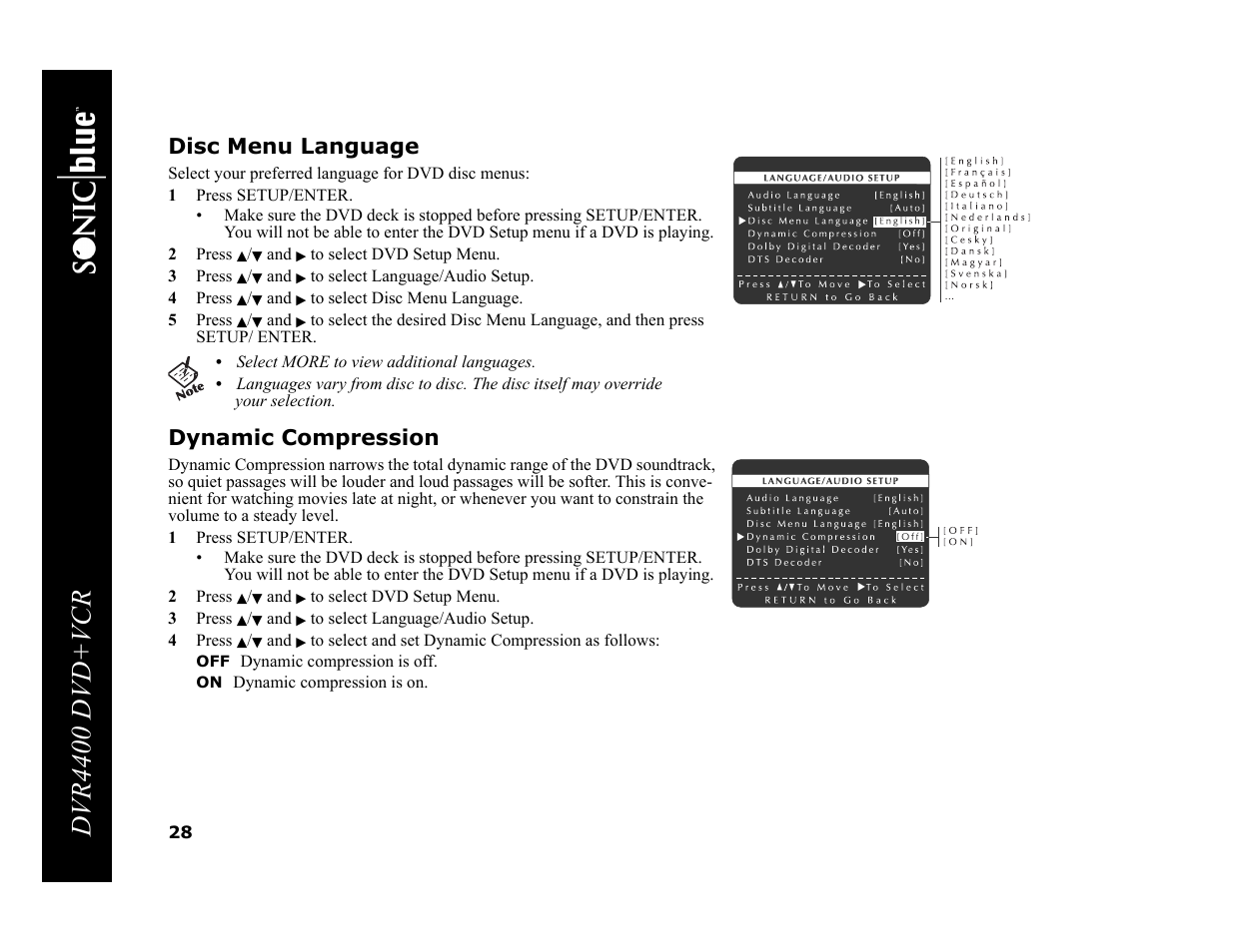 Dvr4400 dvd+vcr, Disc menu language, Dynamic compression | Sonic Blue DVR4400 User Manual | Page 34 / 68