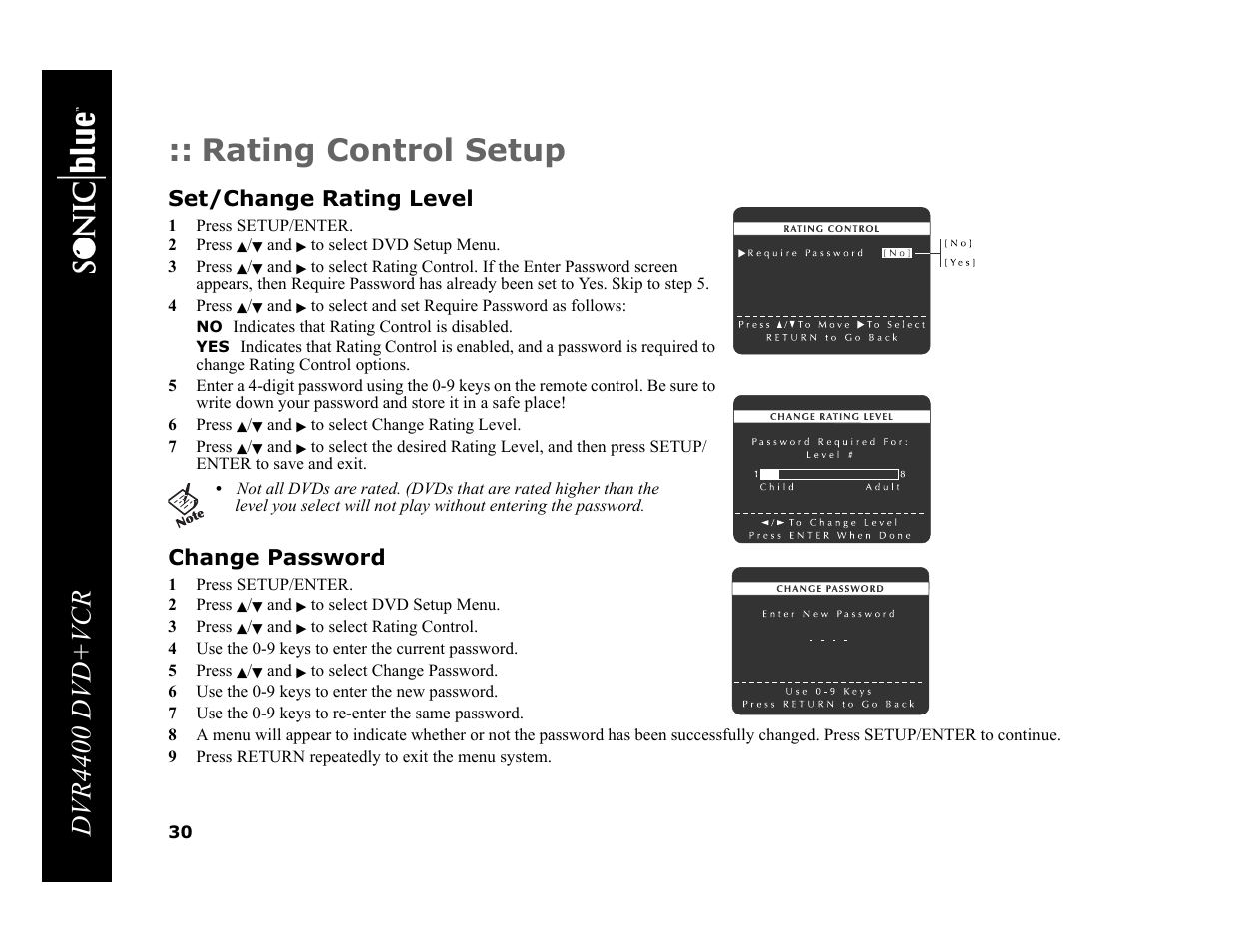 Rating control setup, Dvr4400 dvd+vcr, Set/change rating level | Change password | Sonic Blue DVR4400 User Manual | Page 36 / 68