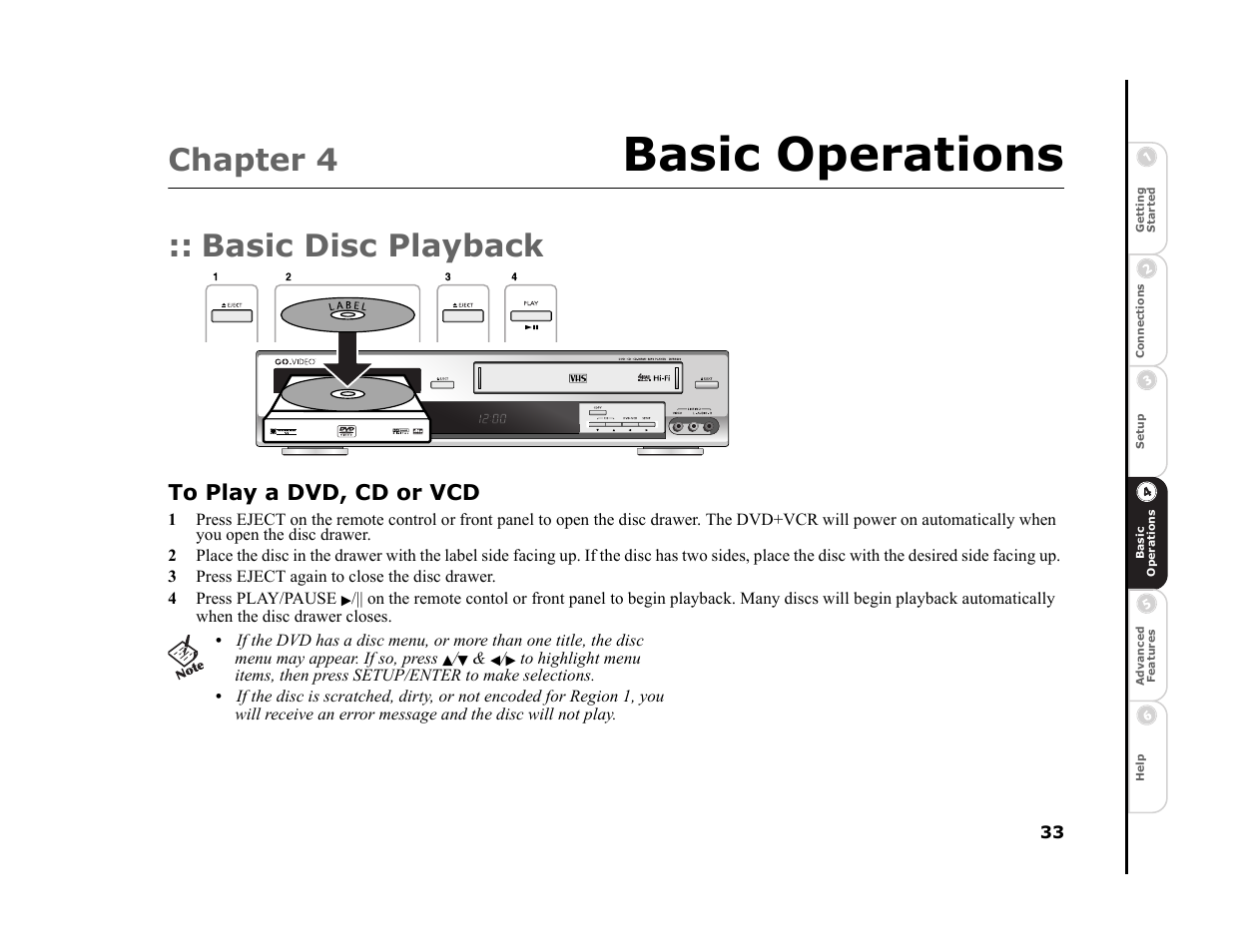 Basic operations, Chapter 4, Basic disc playback | Sonic Blue DVR4400 User Manual | Page 39 / 68