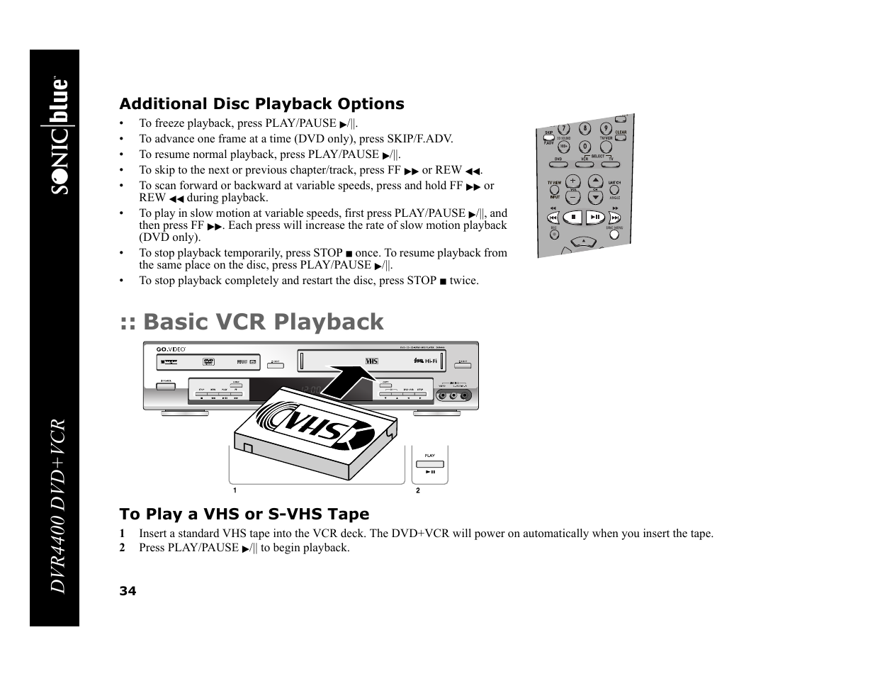 Basic vcr playback, Dvr4400 dvd+vcr, Additional disc playback options | Sonic Blue DVR4400 User Manual | Page 40 / 68