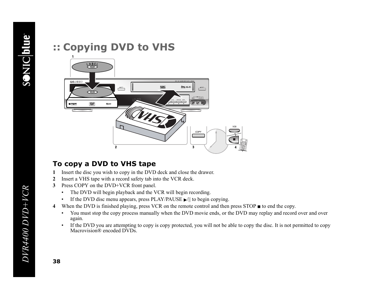 Copying dvd to vhs, Dvr4400 dvd+vcr | Sonic Blue DVR4400 User Manual | Page 44 / 68