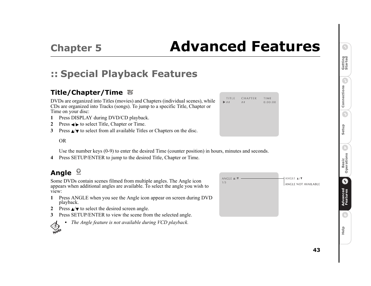 Advanced features, Chapter 5, Special playback features | Title/chapter/time, Angle | Sonic Blue DVR4400 User Manual | Page 49 / 68