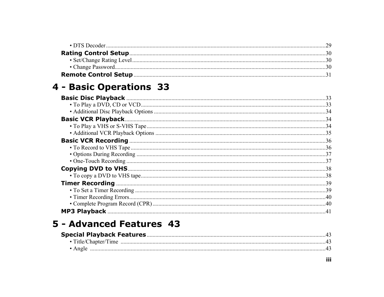4 - basic operations 33, 5 - advanced features 43 | Sonic Blue DVR4400 User Manual | Page 5 / 68