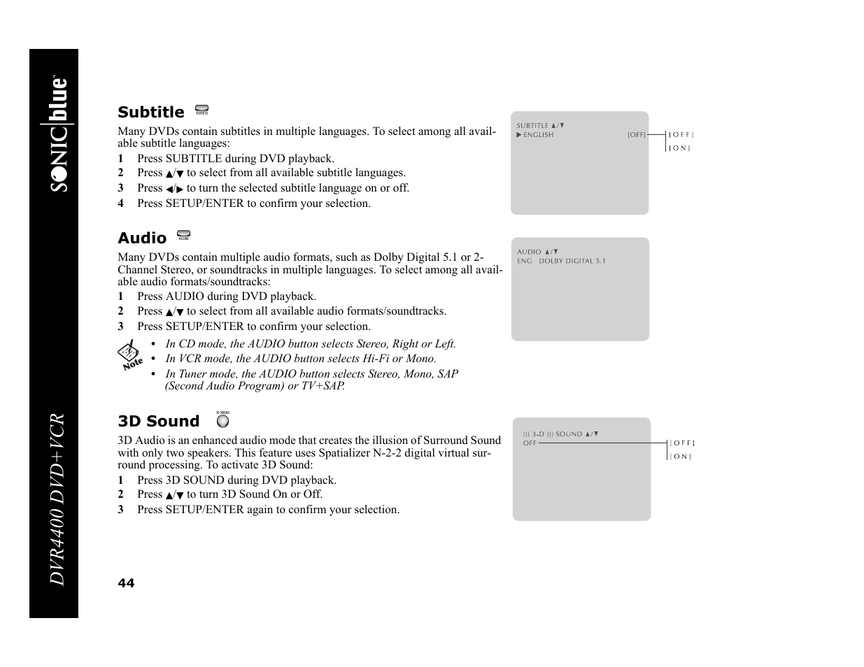 Dvr4400 dvd+vcr, Subtitle, Audio | 3d sound | Sonic Blue DVR4400 User Manual | Page 50 / 68