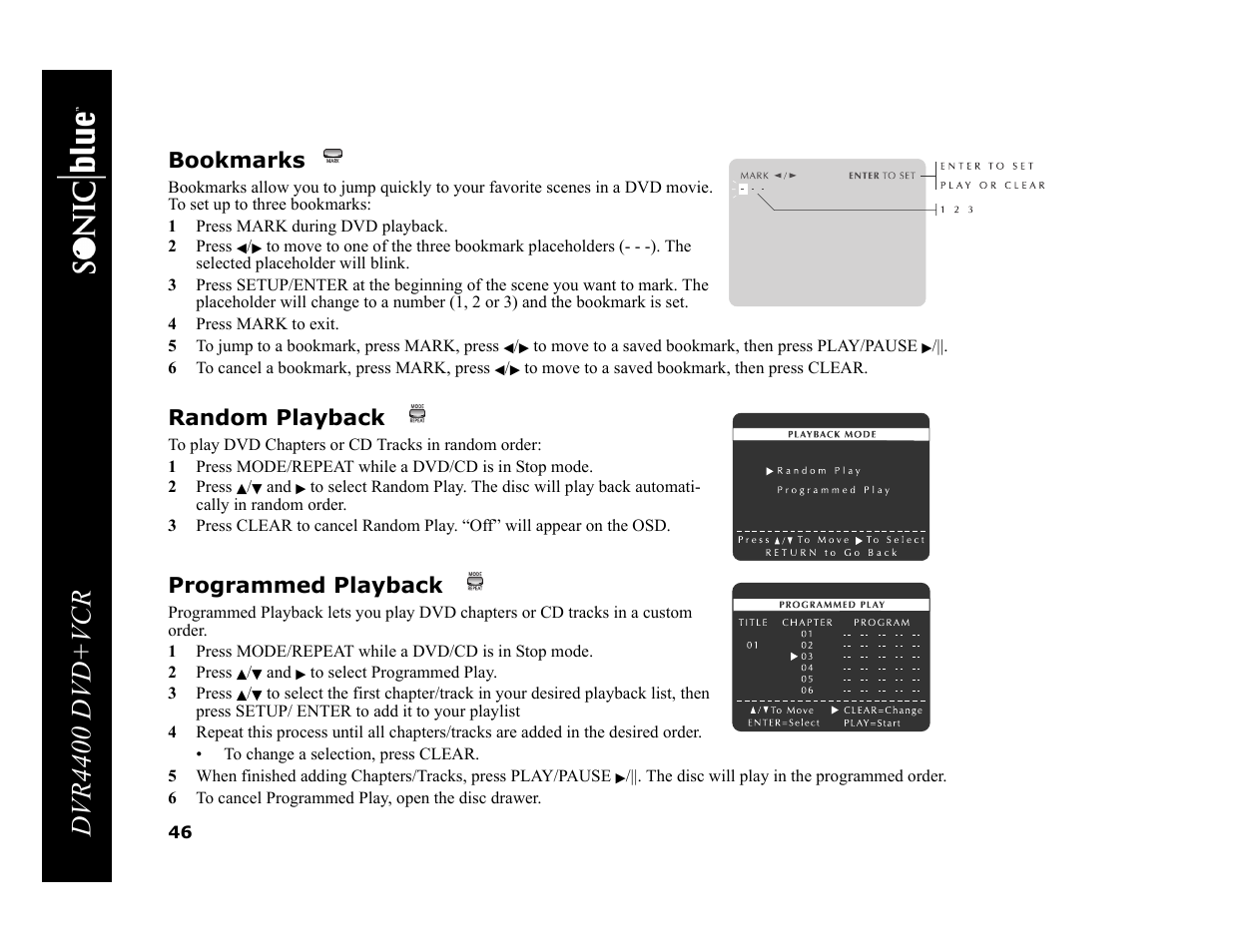 Dvr4400 dvd+vcr, Bookmarks, Random playback | Programmed playback | Sonic Blue DVR4400 User Manual | Page 52 / 68