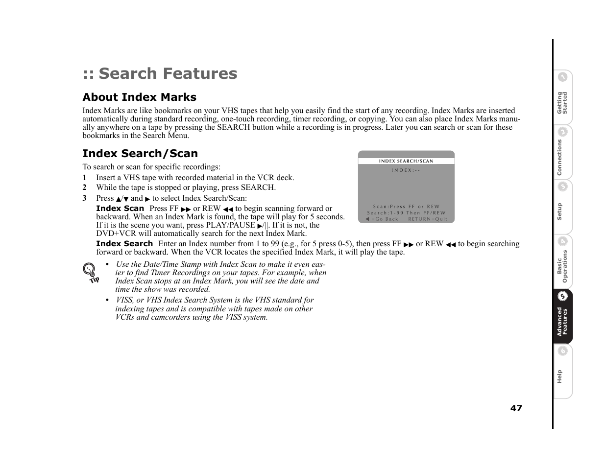 Search features, About index marks, Index search/scan | Sonic Blue DVR4400 User Manual | Page 53 / 68