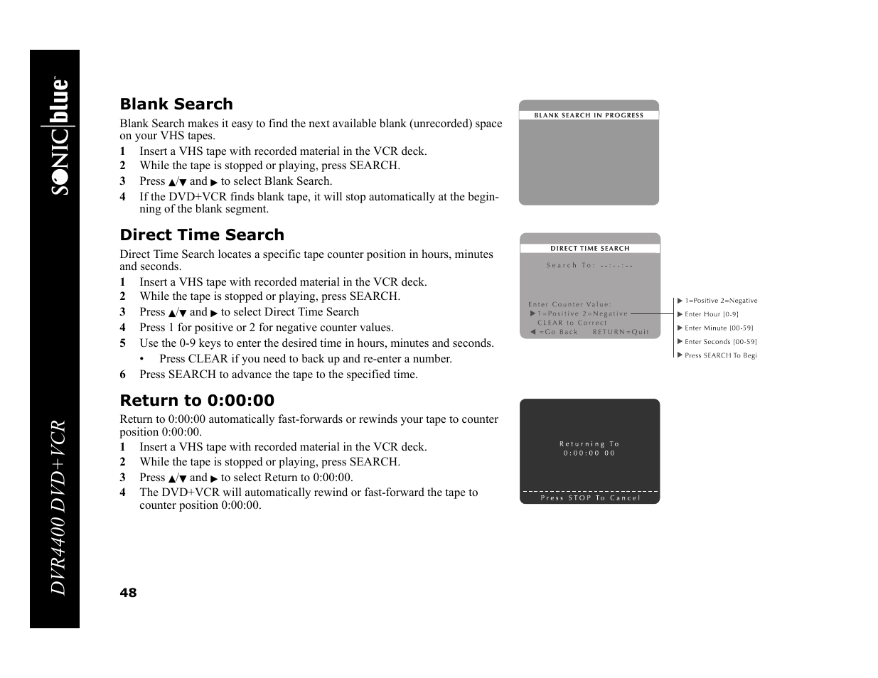 Dvr4400 dvd+vcr, Blank search, Direct time search | Sonic Blue DVR4400 User Manual | Page 54 / 68