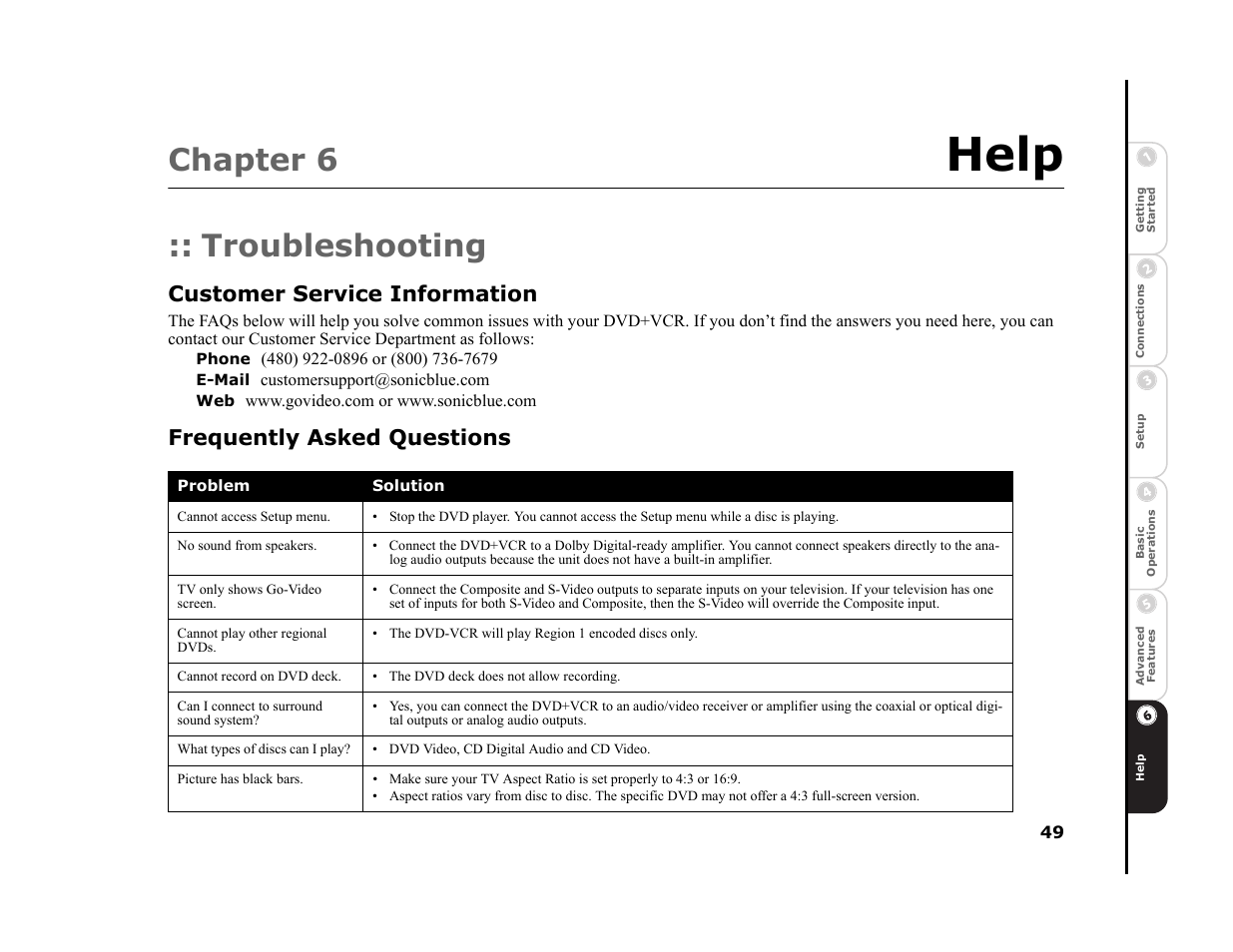Help, Chapter 6, Troubleshooting | Customer service information, Frequently asked questions | Sonic Blue DVR4400 User Manual | Page 55 / 68