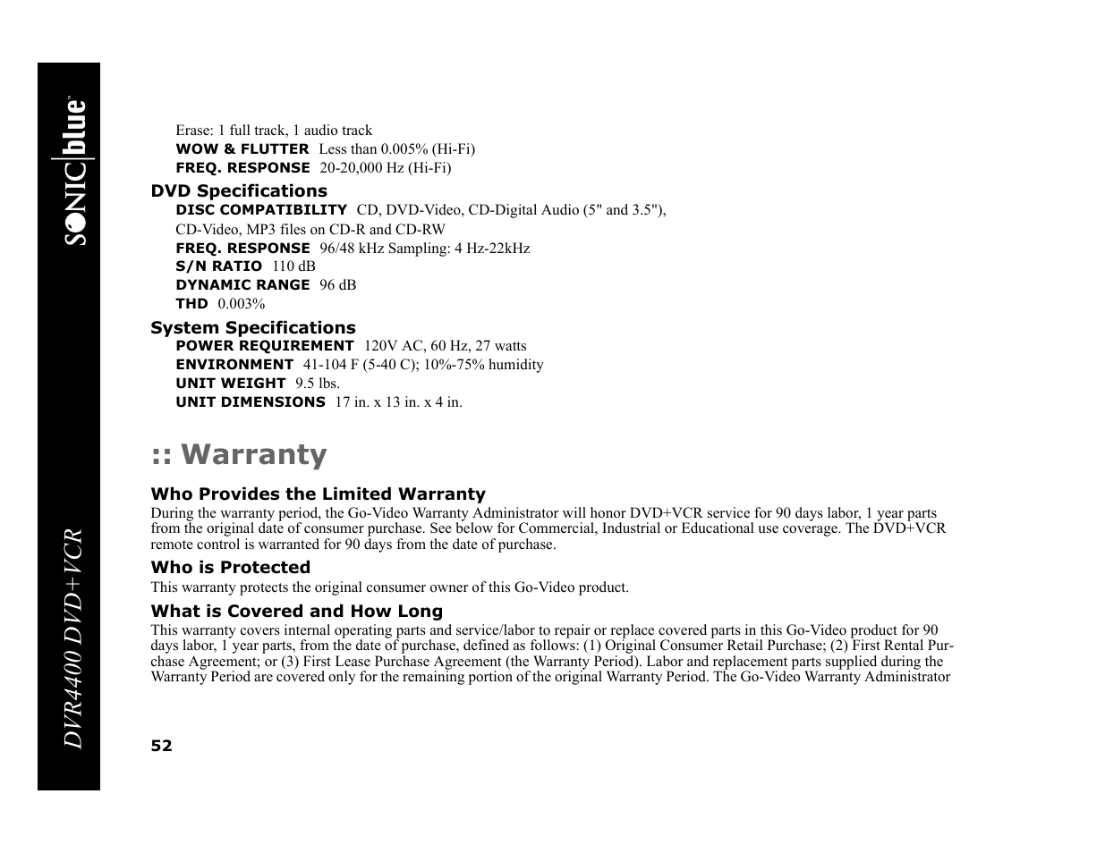 Warranty, Dvr4400 dvd+vcr | Sonic Blue DVR4400 User Manual | Page 58 / 68