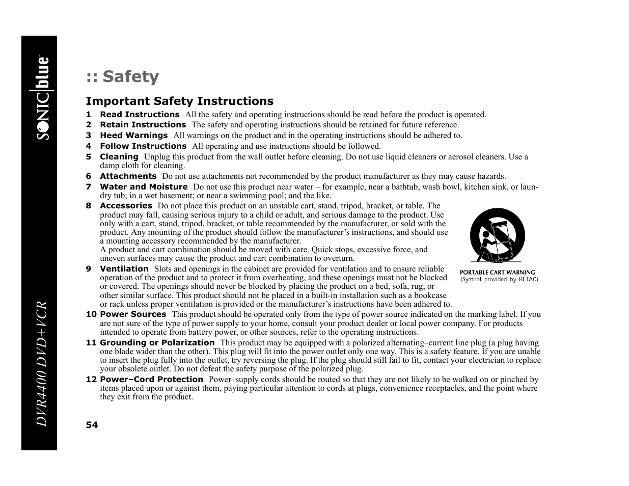 Safety, Dvr4400 dvd+vcr | Sonic Blue DVR4400 User Manual | Page 60 / 68