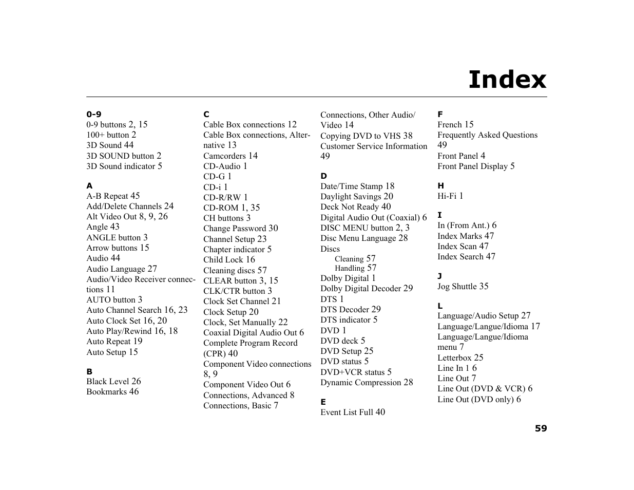 Index | Sonic Blue DVR4400 User Manual | Page 65 / 68