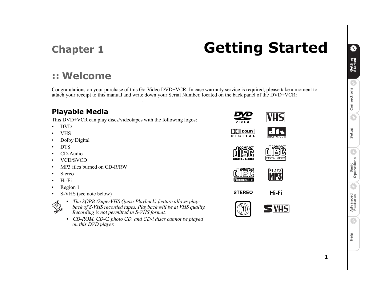 Getting started, Chapter 1, Welcome | Playable media | Sonic Blue DVR4400 User Manual | Page 7 / 68