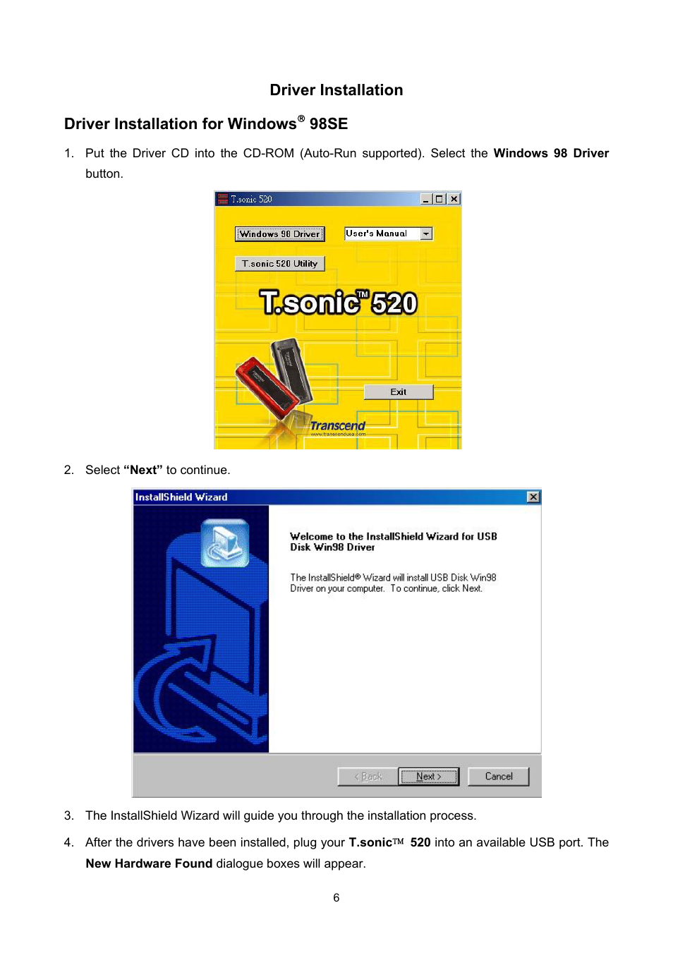Driver installation, Driver installation for windows, 98se | Sonic Blue P/NTS512MMP520 User Manual | Page 10 / 37