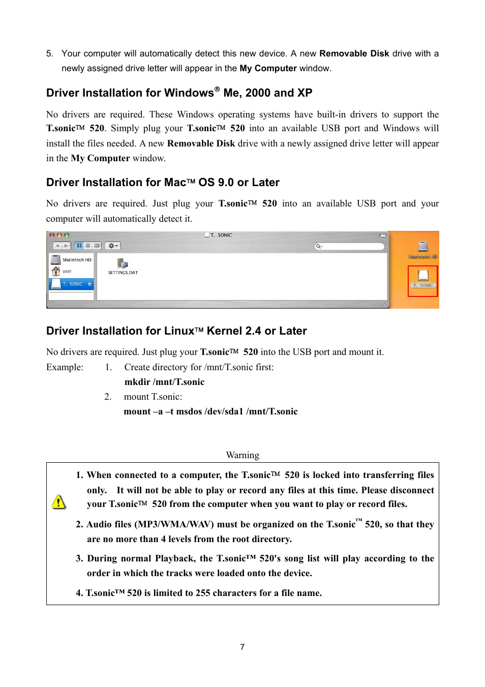 Driver installation for windows, Me, 2000 and xp, Driver installation for mac | Os 9.0 or later, Driver installation for linux, Kernel 2.4 or later | Sonic Blue P/NTS512MMP520 User Manual | Page 11 / 37
