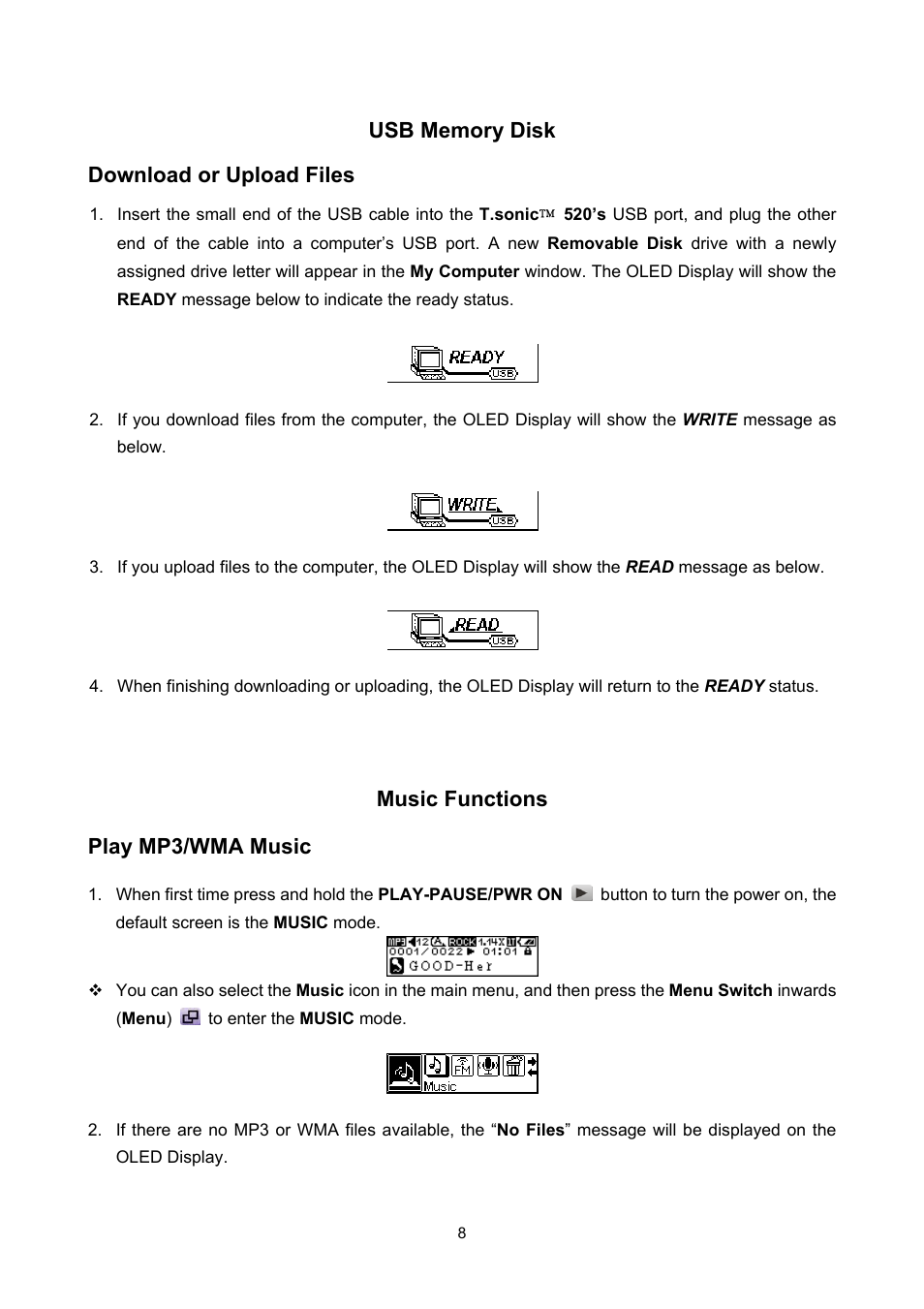 Usb memory disk, Download or upload files, Music functions | Play mp3/wma music, Music functions play mp3/wma music | Sonic Blue P/NTS512MMP520 User Manual | Page 12 / 37