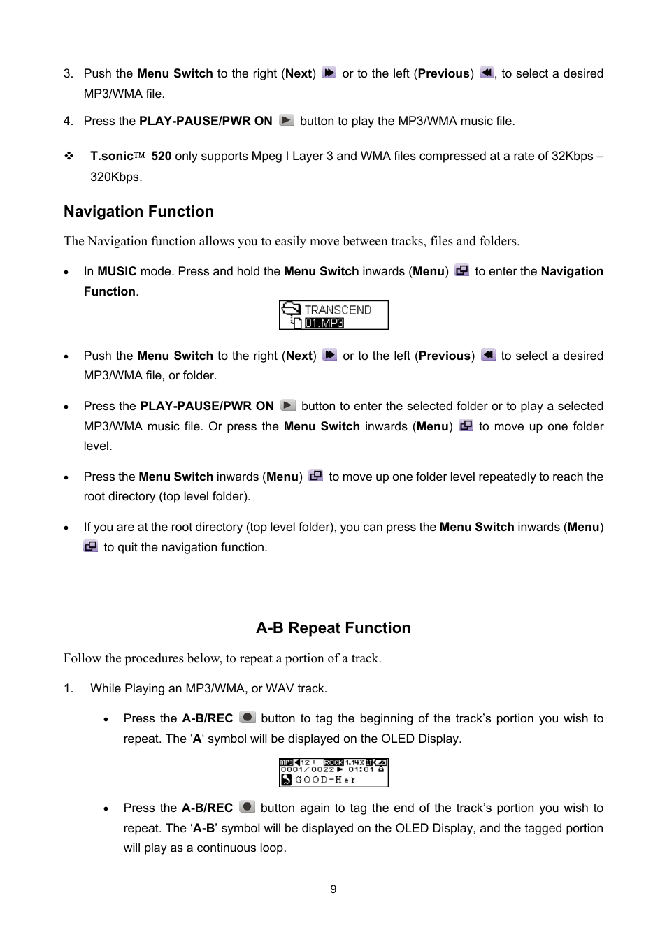 Navigation function, A-b repeat function | Sonic Blue P/NTS512MMP520 User Manual | Page 13 / 37