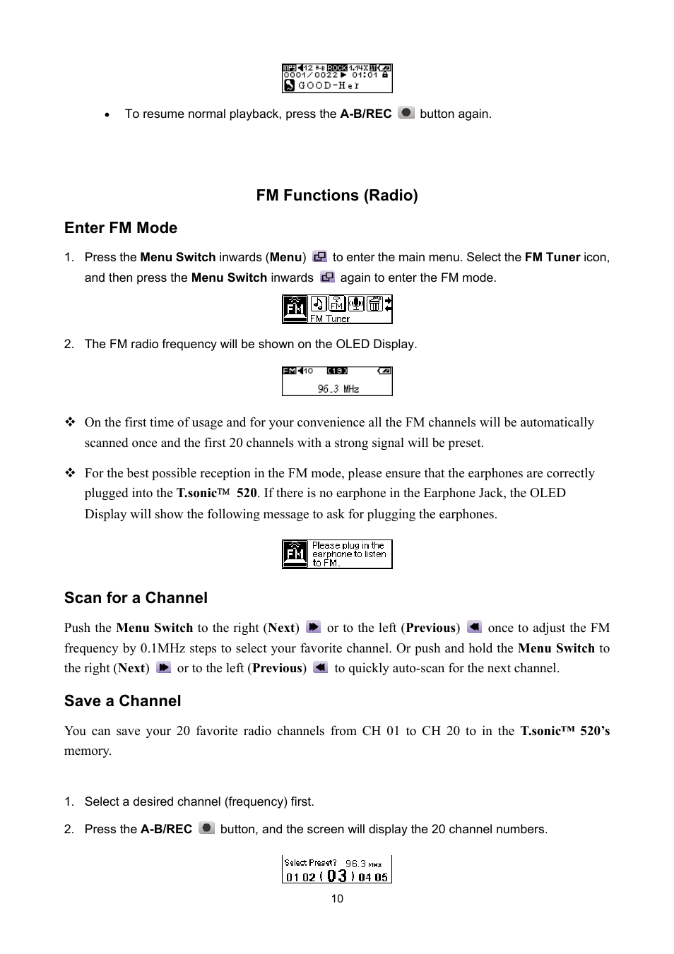 Fm functions (radio), Enter fm mode, Scan for a channel | Save a channel, Fm functions (radio) enter fm mode | Sonic Blue P/NTS512MMP520 User Manual | Page 14 / 37