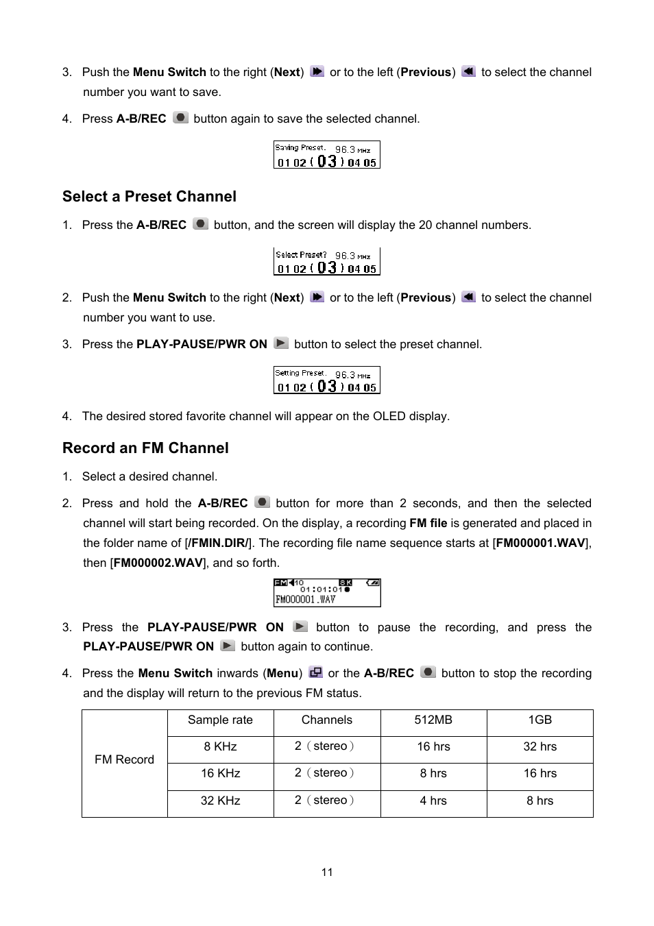 Select a preset channel, Record an fm channel | Sonic Blue P/NTS512MMP520 User Manual | Page 15 / 37