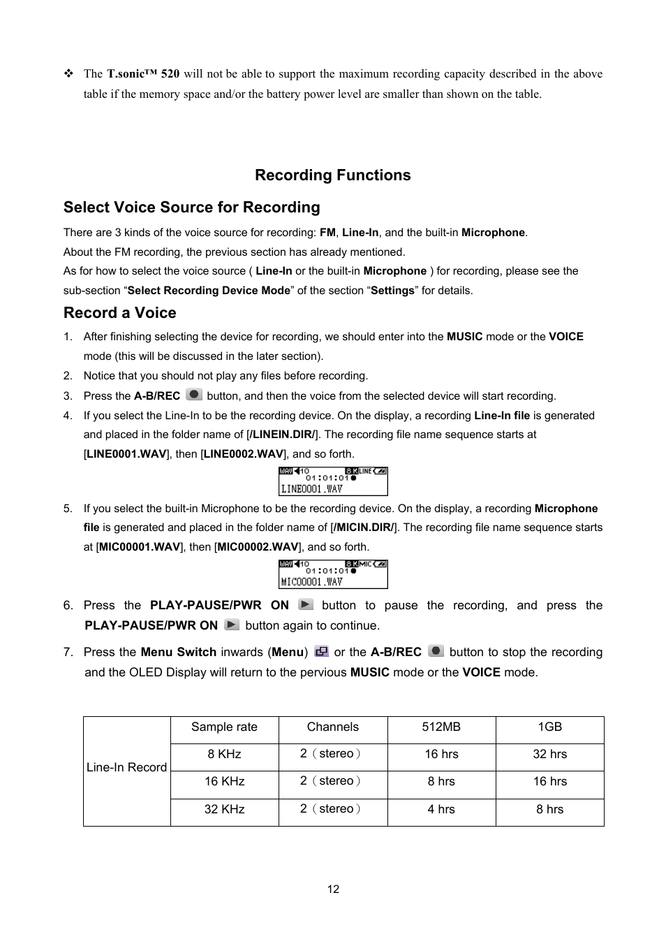 Recording functions, Select voice source for recording, Record a voice | Sonic Blue P/NTS512MMP520 User Manual | Page 16 / 37