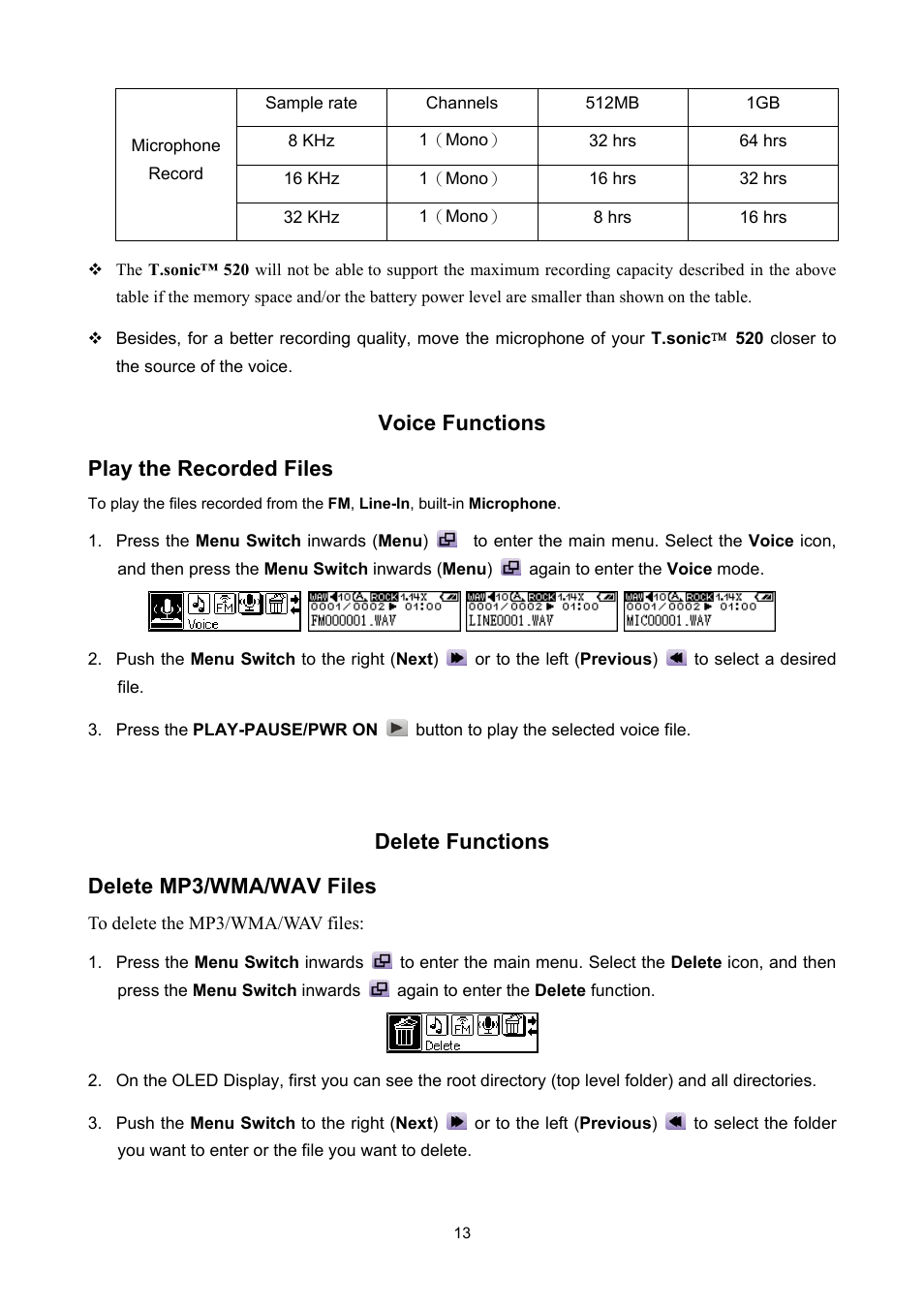 Voice functions, Play the recorded files, Delete functions | Delete mp3/wma/wav files, Voice functions play the recorded files, Delete functions delete mp3/wma/wav files | Sonic Blue P/NTS512MMP520 User Manual | Page 17 / 37