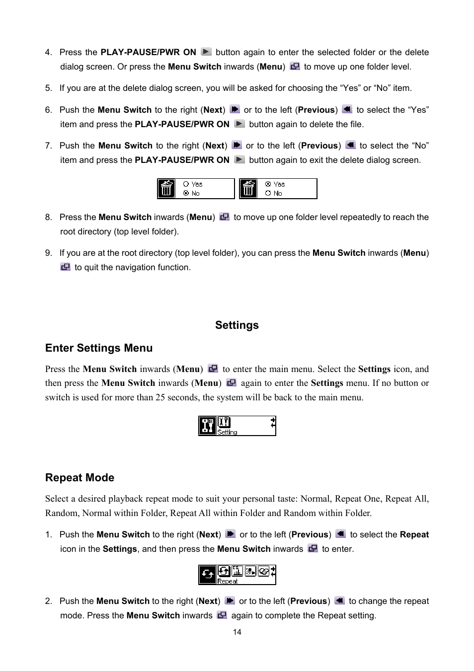 Settings, Enter settings menu, Repeat mode | Settings enter settings menu | Sonic Blue P/NTS512MMP520 User Manual | Page 18 / 37