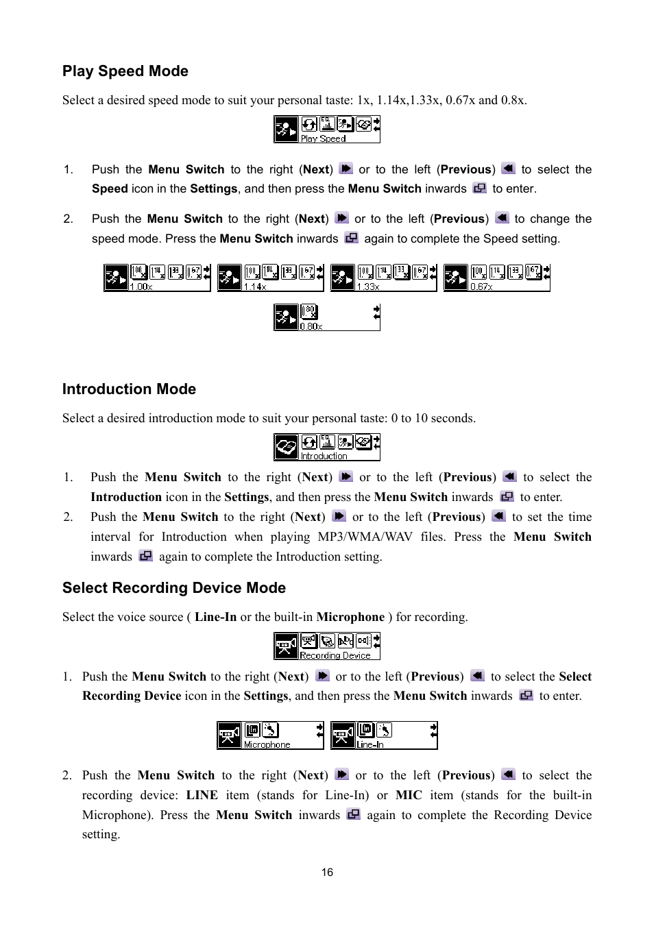 Play speed mode, Introduction mode, Select recording device mode | Sonic Blue P/NTS512MMP520 User Manual | Page 20 / 37