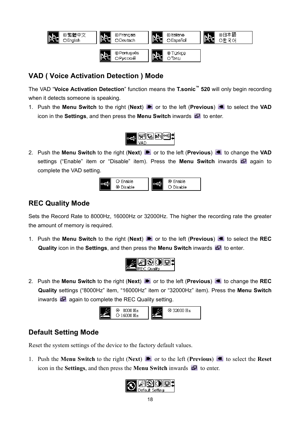 Vad ( voice activation detection ) mode, Rec quality mode, Default setting mode | Sonic Blue P/NTS512MMP520 User Manual | Page 22 / 37