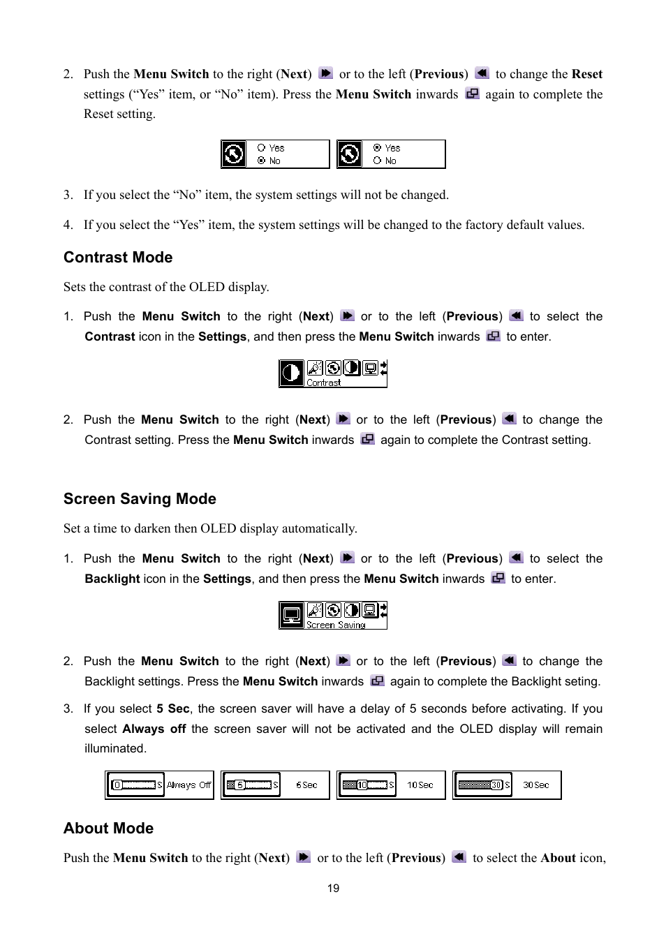 Contrast mode, Screen saving mode, About mode | Sonic Blue P/NTS512MMP520 User Manual | Page 23 / 37