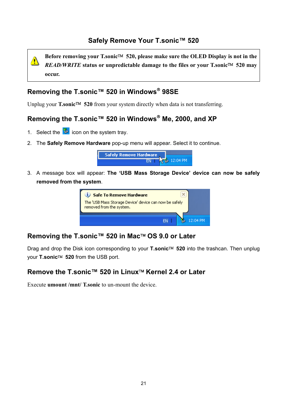 Safely remove your t.sonic™ 520, Removing the t.sonic™ 520 in windows, 98se | Me, 2000, and xp, Removing the t.sonic™ 520 in mac, Os 9.0 or later, Remove the t.sonic™ 520 in linux, Kernel 2.4 or later | Sonic Blue P/NTS512MMP520 User Manual | Page 25 / 37