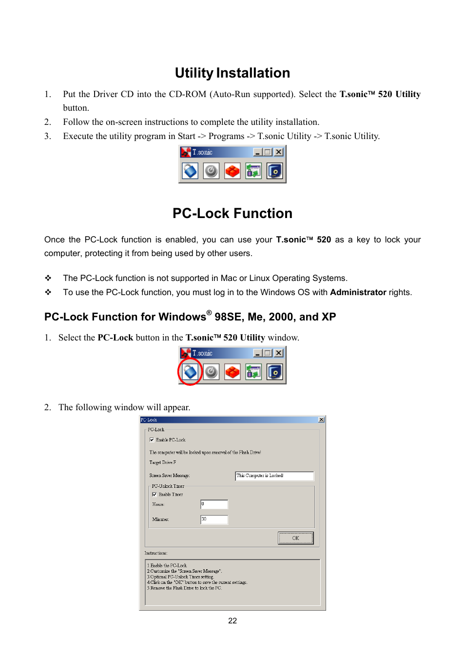 Utility, Installation, Pc-lock function | Pc-lock function for windows, 98se, me, 2000, and xp | Sonic Blue P/NTS512MMP520 User Manual | Page 26 / 37