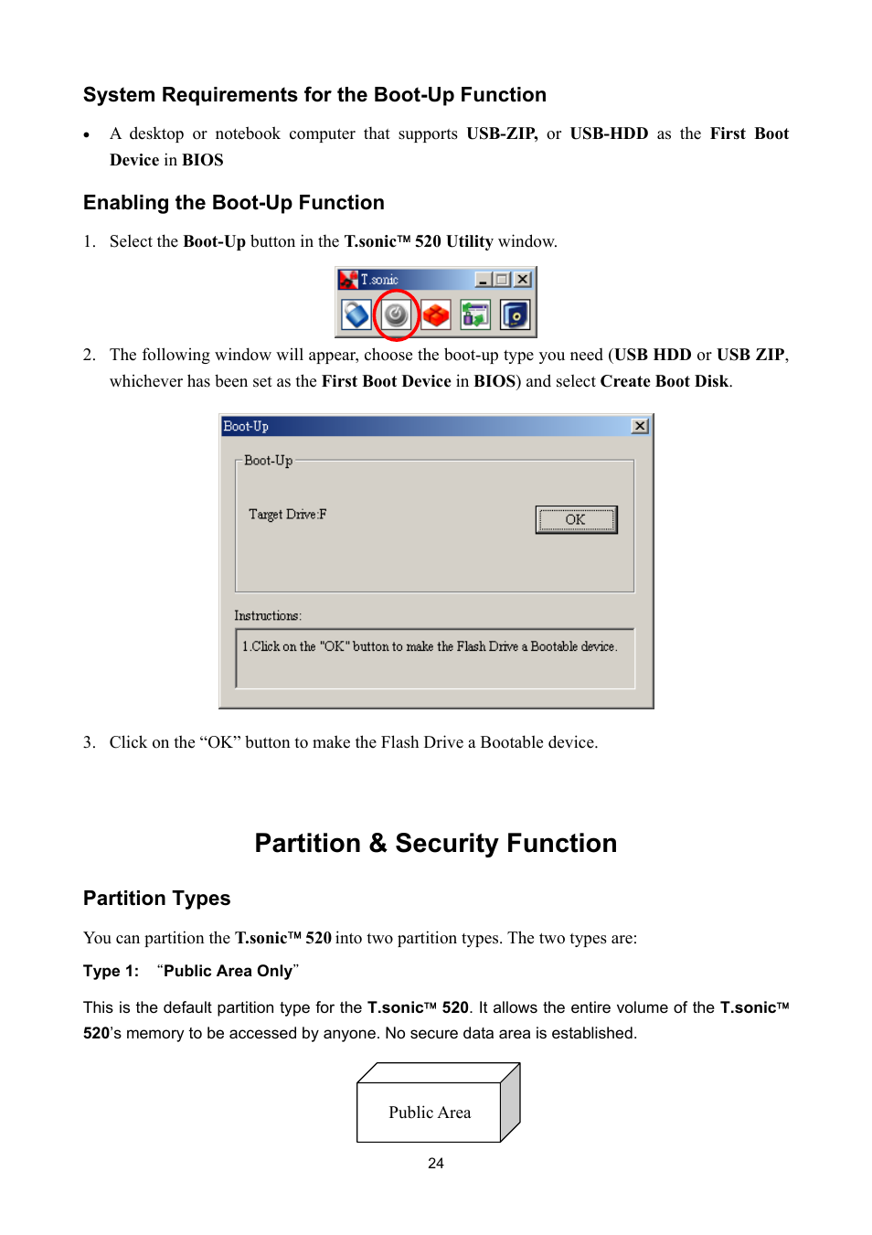 System requirements for the boot-up function, Enabling the boot-up function, Partition & security function | Partition types | Sonic Blue P/NTS512MMP520 User Manual | Page 28 / 37