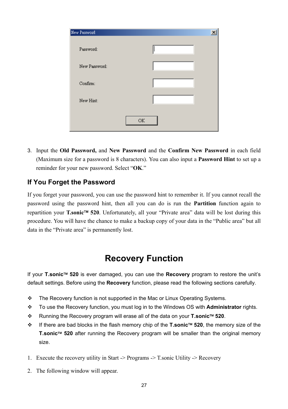 If you forget the password, Recovery function | Sonic Blue P/NTS512MMP520 User Manual | Page 31 / 37