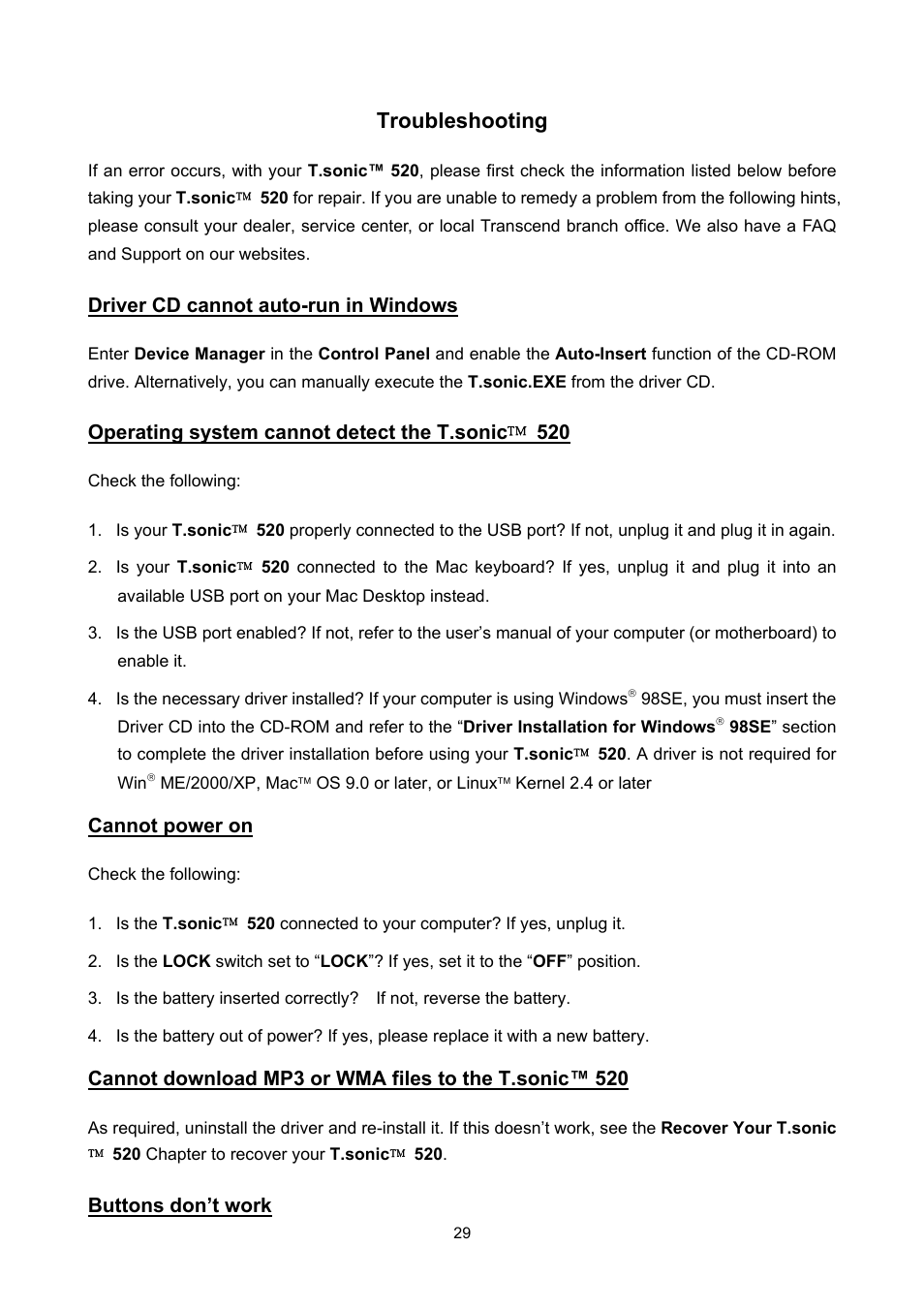 Troubleshooting | Sonic Blue P/NTS512MMP520 User Manual | Page 33 / 37