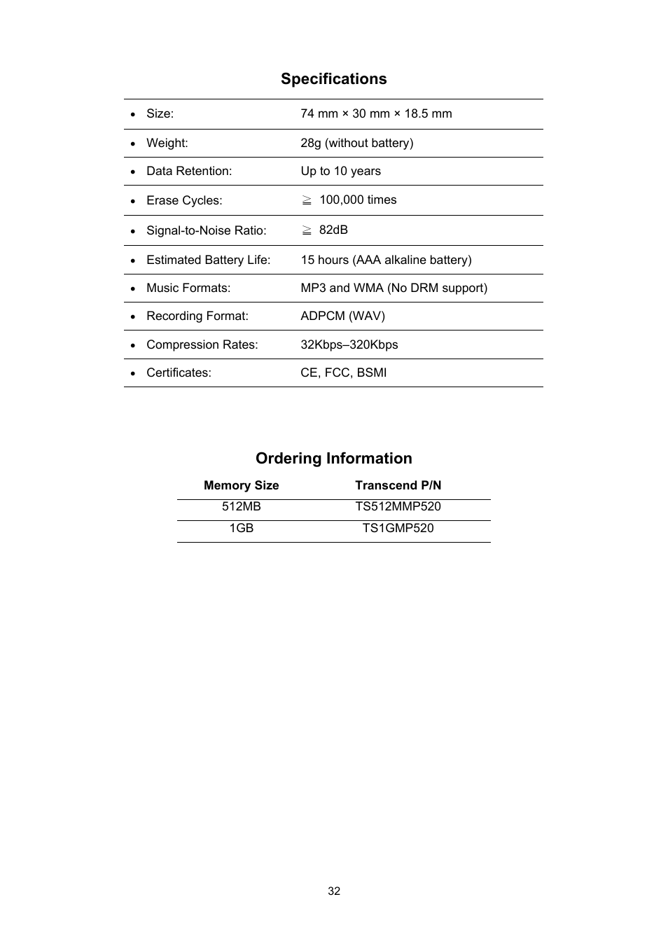 Specifications, Ordering information | Sonic Blue P/NTS512MMP520 User Manual | Page 36 / 37