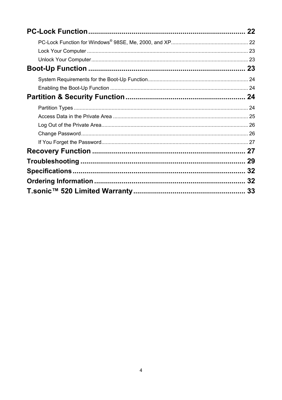 Pc-lock function, Boot-up function, Partition & security function | Recovery function, T.sonic™ 520 limited warranty | Sonic Blue P/NTS512MMP520 User Manual | Page 4 / 37