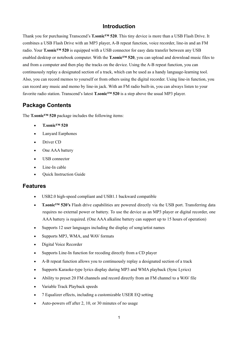 Introduction, Package contents, Features | Sonic Blue P/NTS512MMP520 User Manual | Page 5 / 37