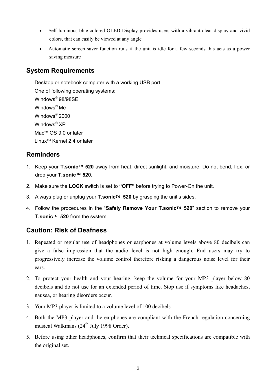System requirements, Reminders, Caution: risk of deafness | Sonic Blue P/NTS512MMP520 User Manual | Page 6 / 37