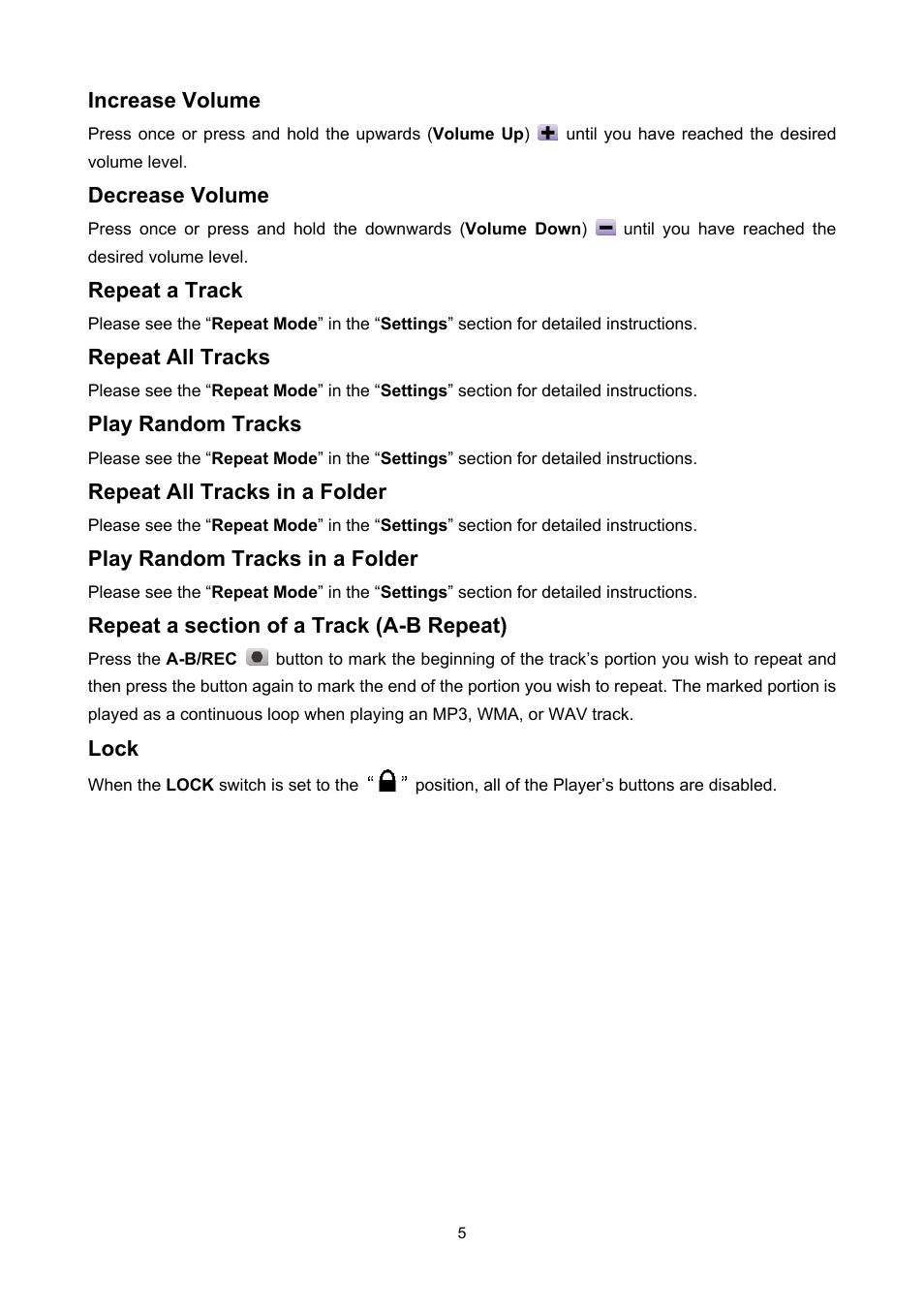 Increase volume, Decrease volume, Repeat a track | Repeat all tracks, Play random tracks, Repeat all tracks in a folder, Play random tracks in a folder, Repeat a section of a track (a-b repeat), Lock | Sonic Blue P/NTS512MMP520 User Manual | Page 9 / 37