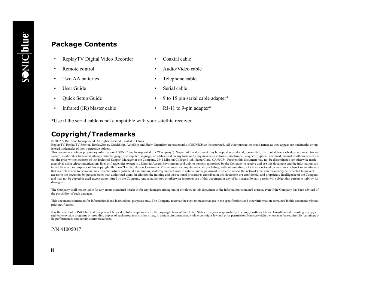 Replaytv 5000 | Sonic Blue Replay TV 5000 User Manual | Page 2 / 86