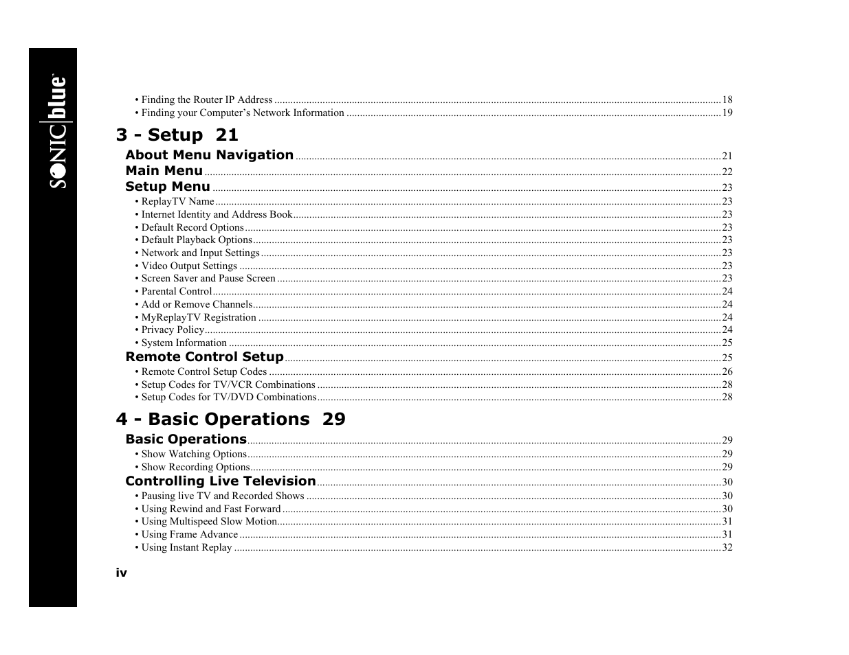 Replaytv 5000, 3 - setup 21, 4 - basic operations 29 | Sonic Blue Replay TV 5000 User Manual | Page 4 / 86
