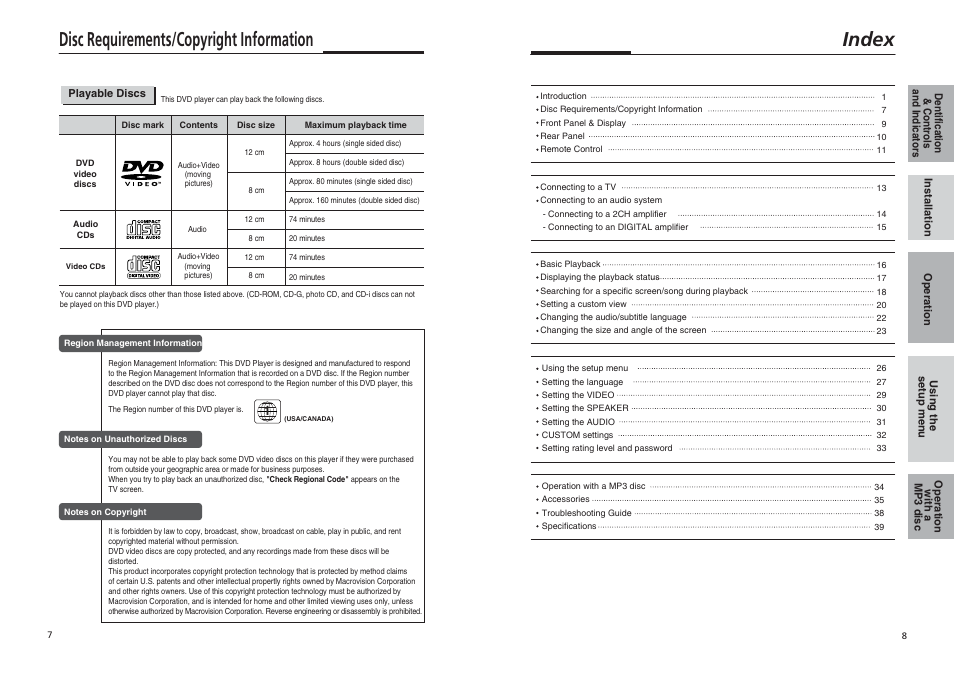 Disc requirements/copyright information, Index | Sonic Blue DVP855 User Manual | Page 5 / 20