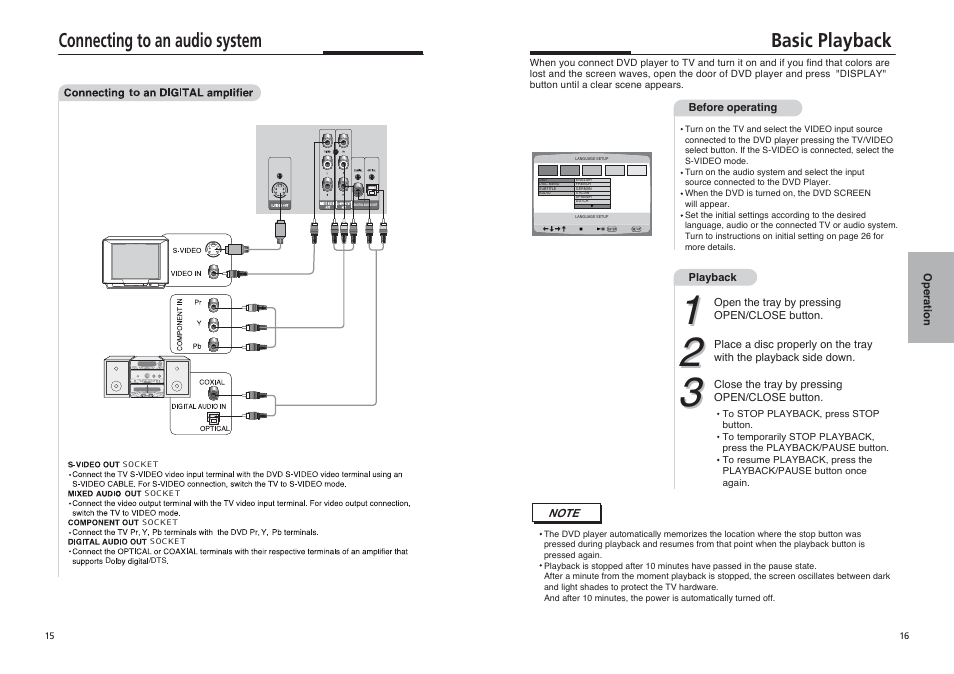 Connecting to an audio system, Basic playback | Sonic Blue DVP855 User Manual | Page 9 / 20